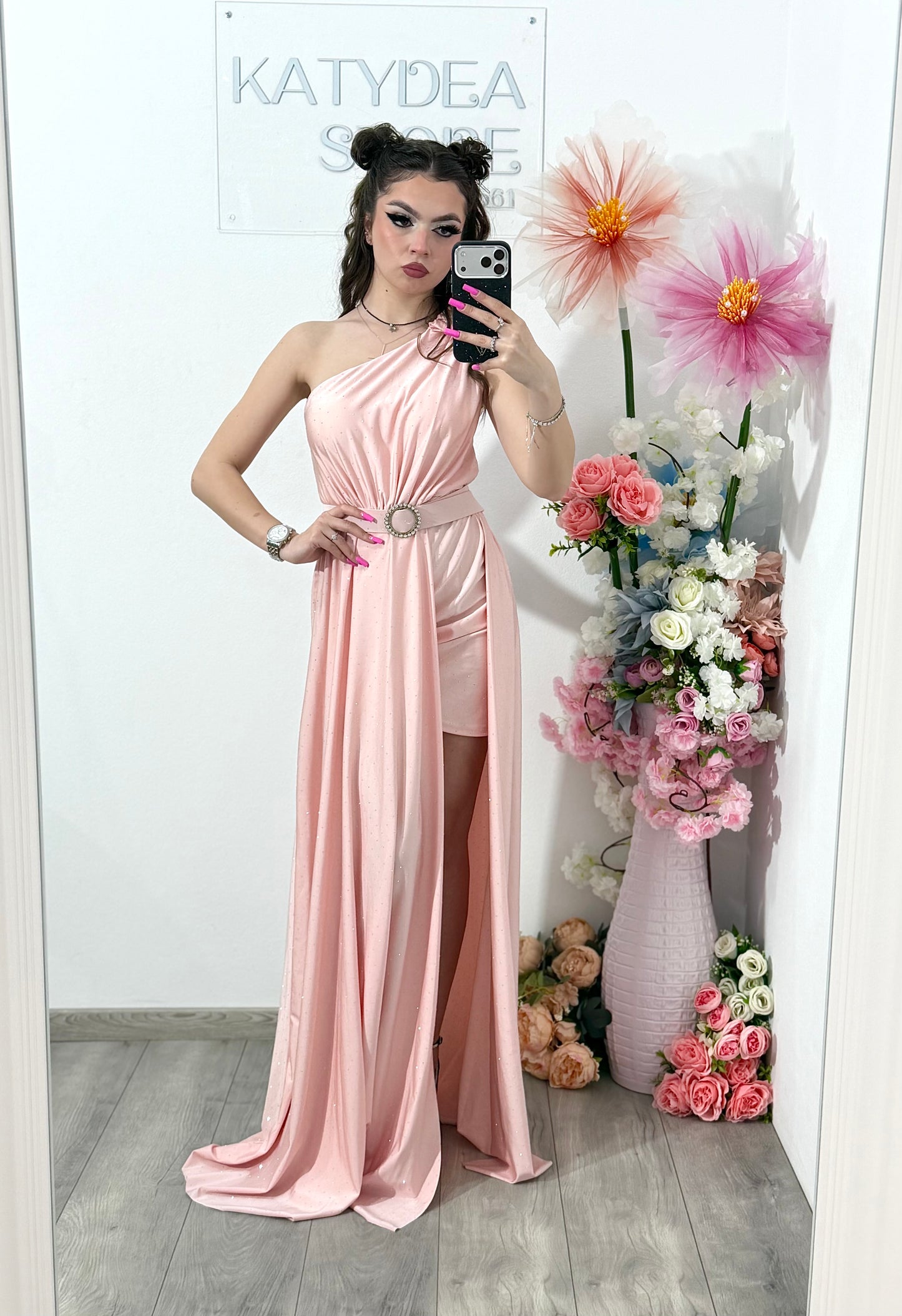 Rochie elegantă cu cristale roz pudră Cleopatra