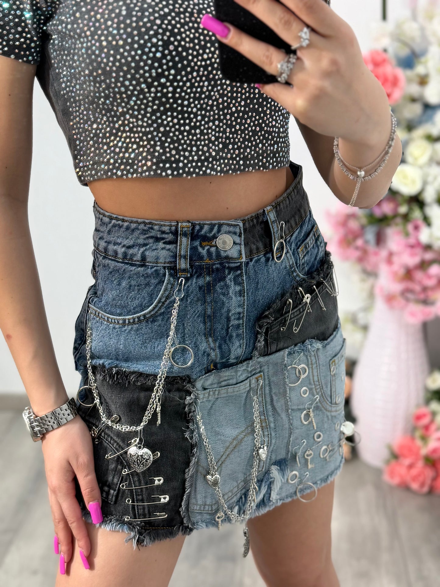 Fustă din denim patchwork ALIS