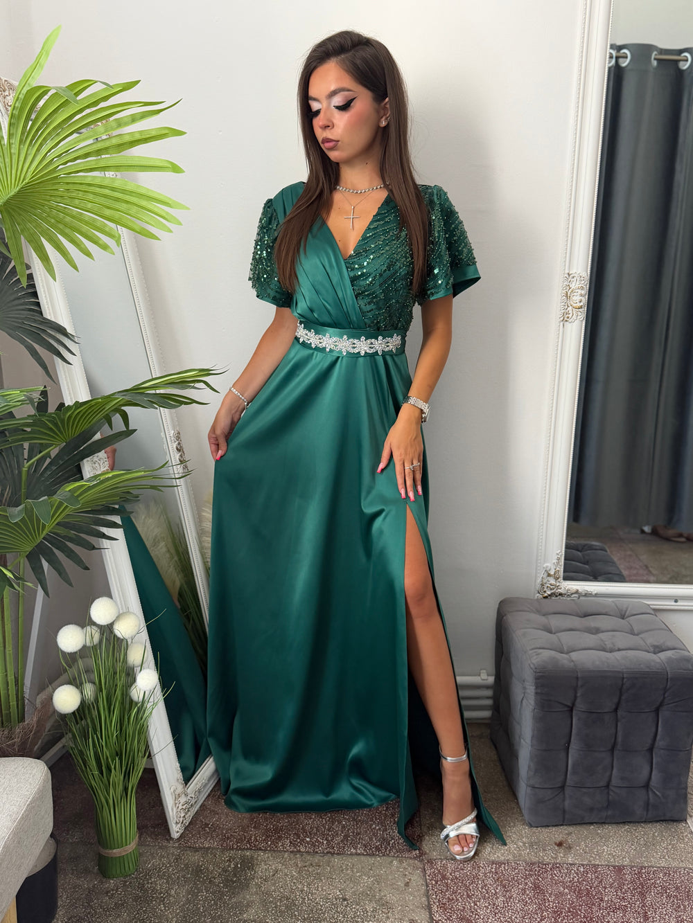 Rochie lungă din tafta verde smarald EDA
