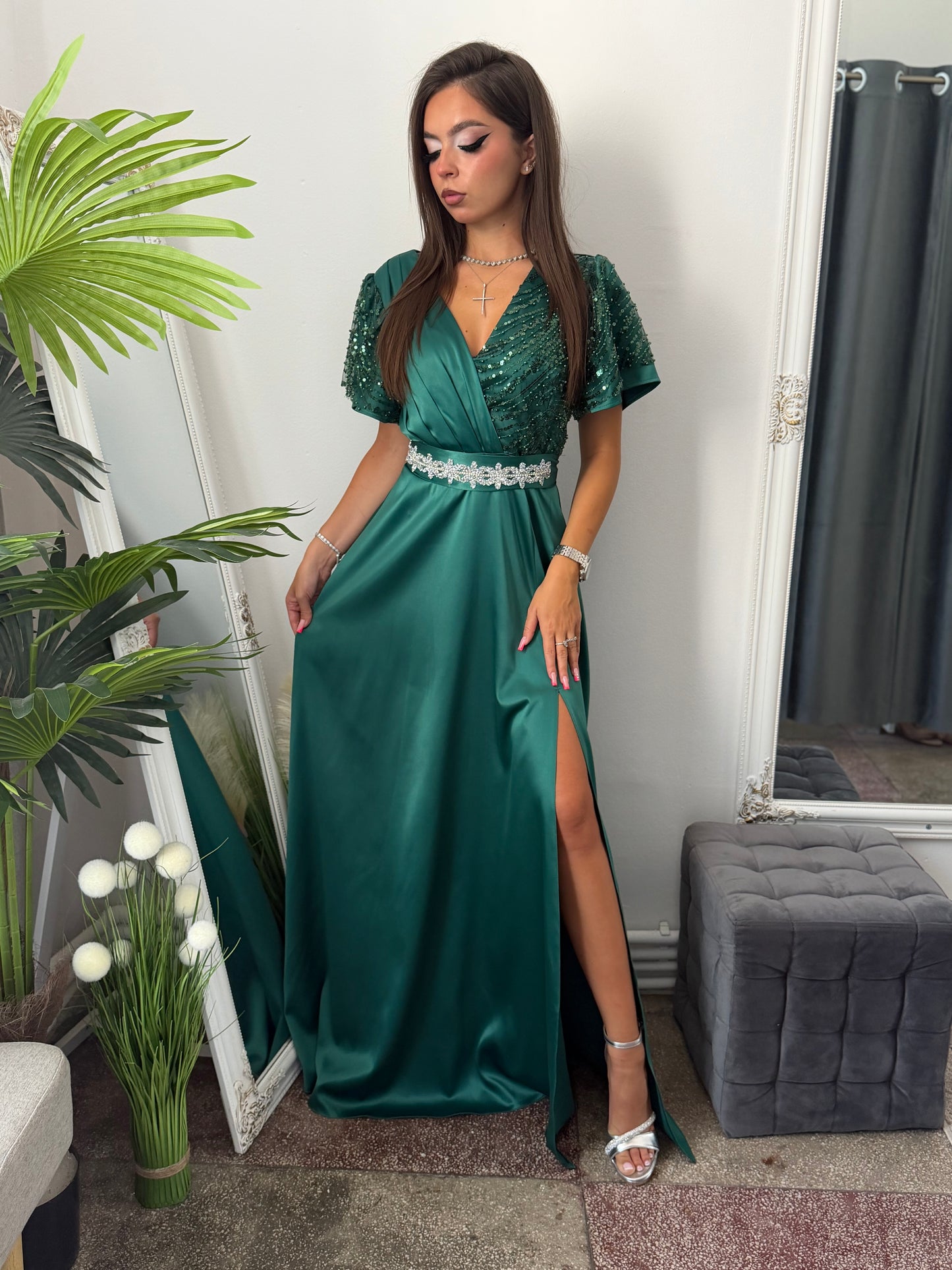 Rochie lungă din tafta verde smarald EDA
