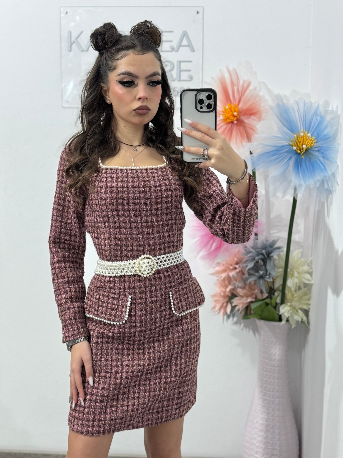 Rochie din tweed roz ELLA