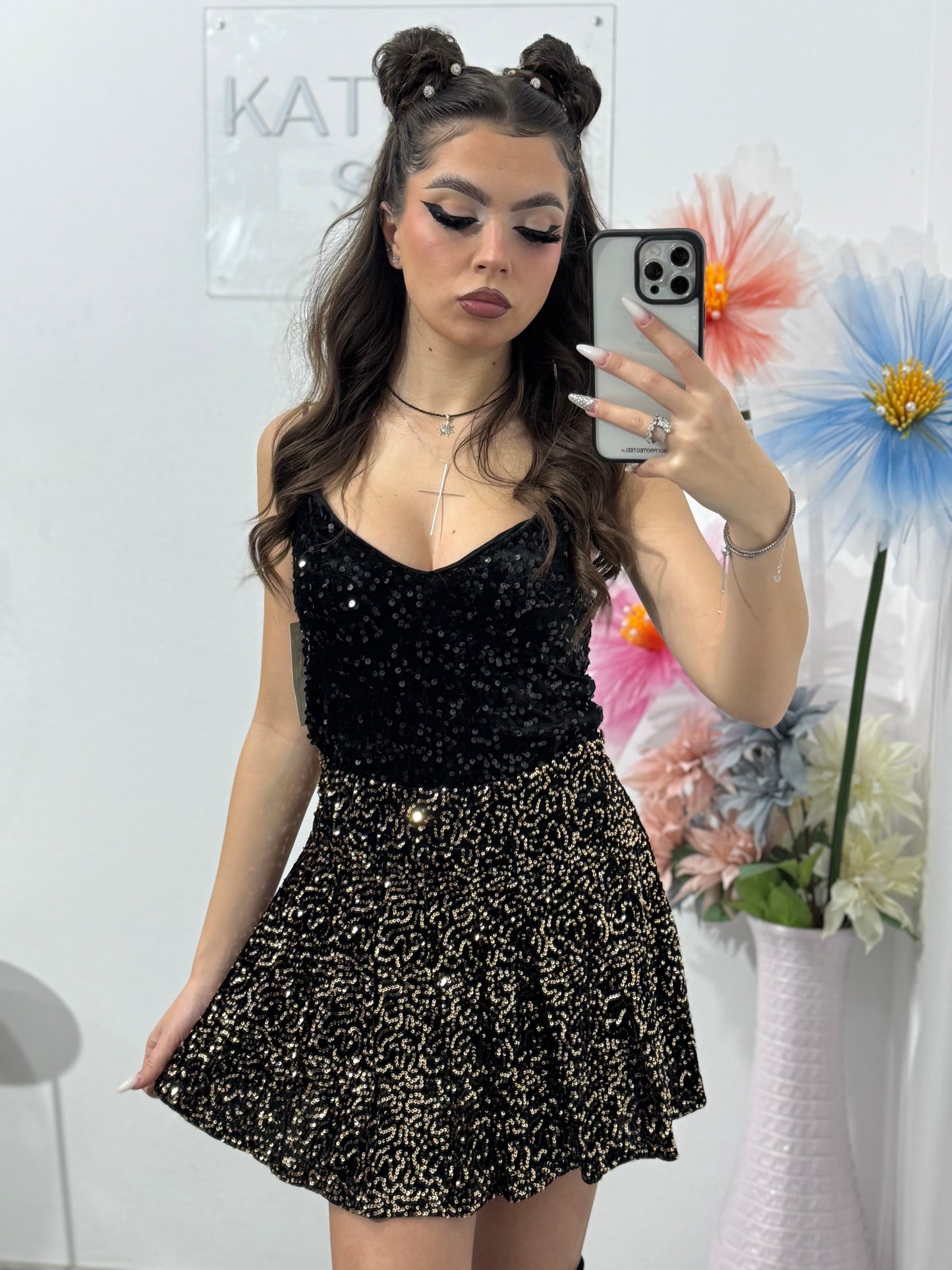 Fustă-pantalon plisată din paiete aurii DELIA