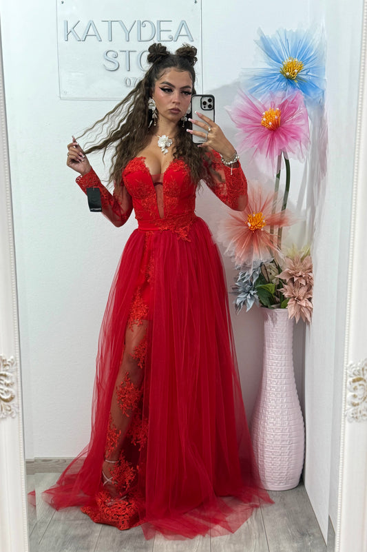 Rochie rosie de seara lunga Vivian din tulle si dantela