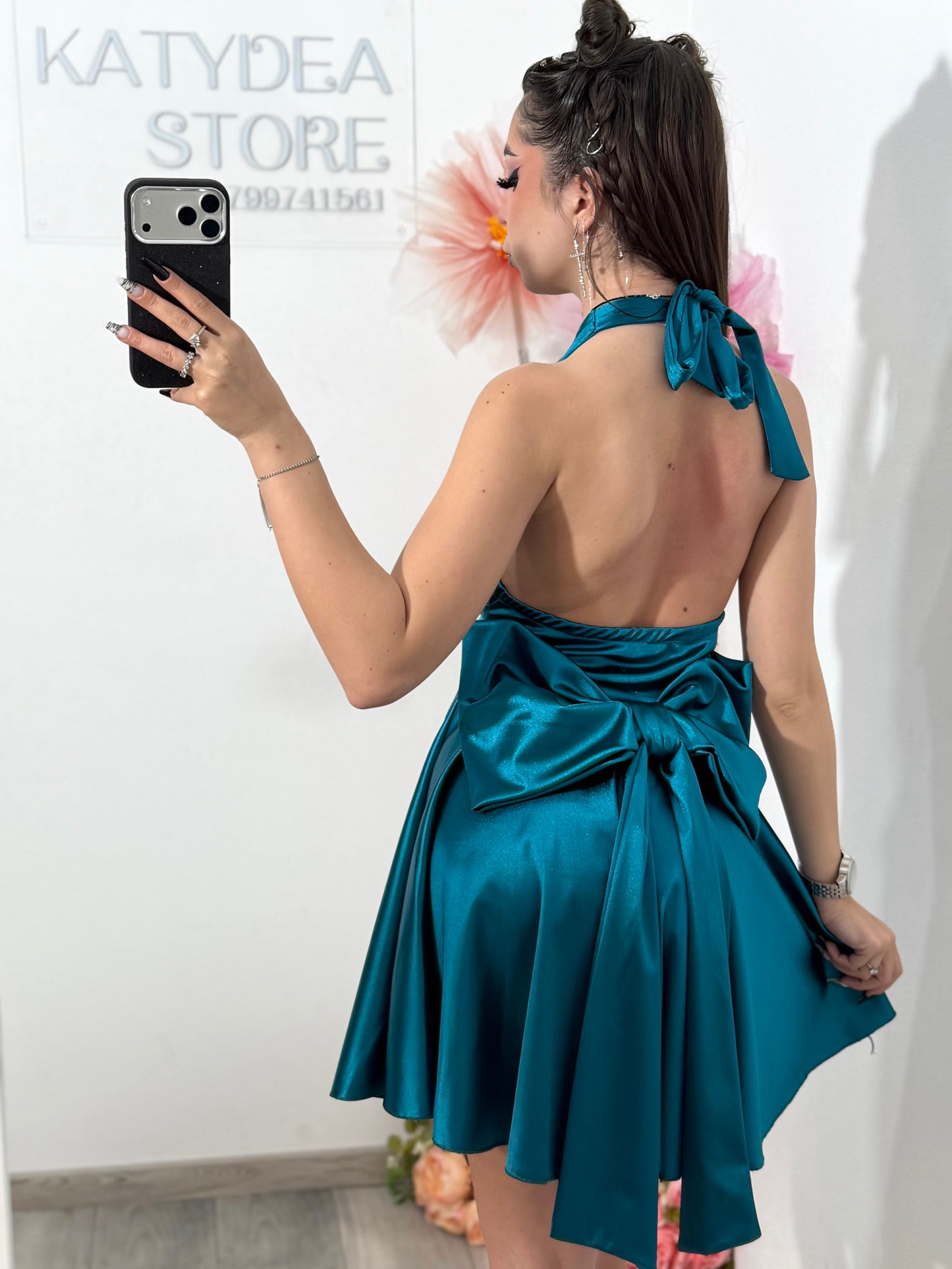 Rochie satinata cu funda BELLE turcoaz