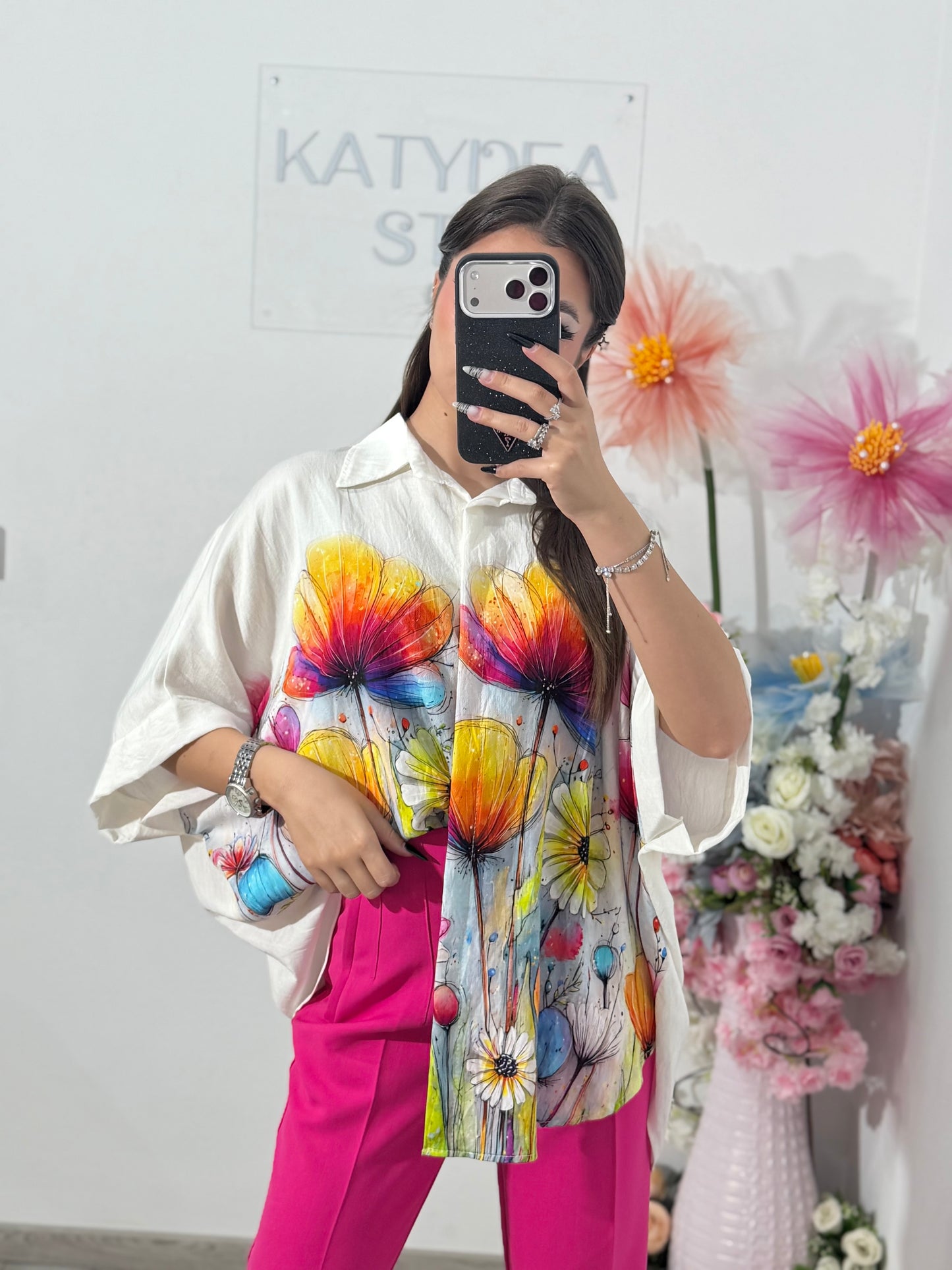 Cămașă din în cu imprimeu fucsia ELIZA