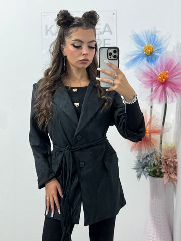 Geacă din piele întoarsă cu corset Delia neagră