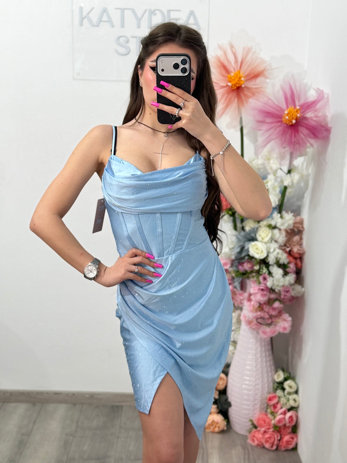 Rochie scurtă cu cristale ștanțate babyblue IOANA
