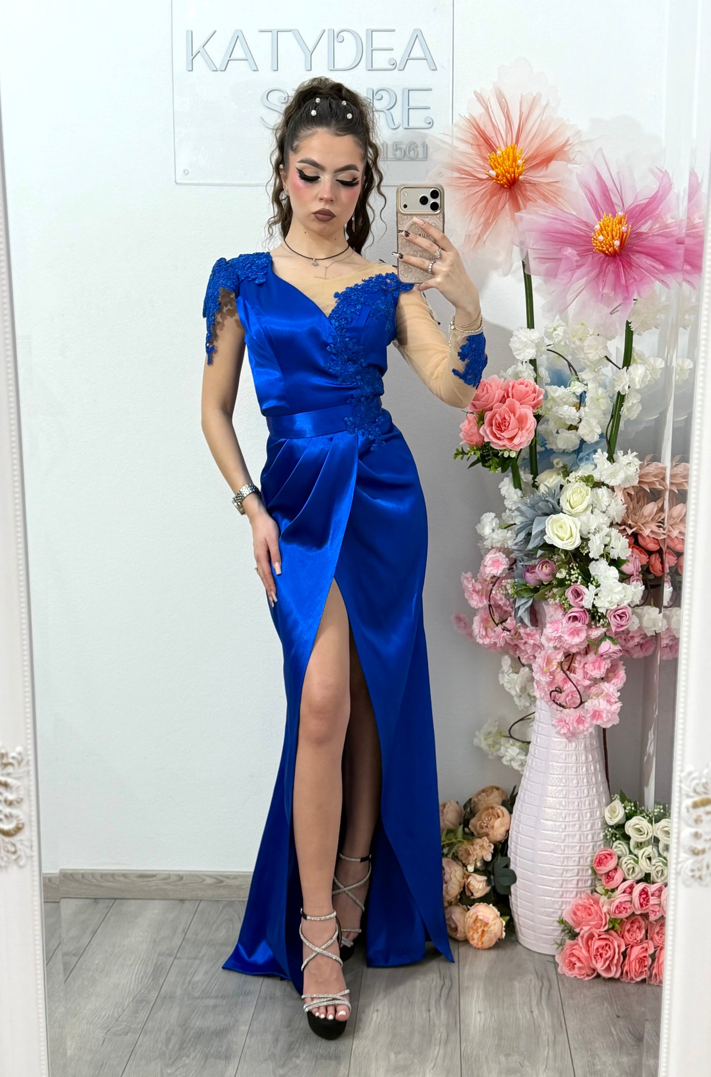 Rochie lunga din tafta albastru safir Anasofia