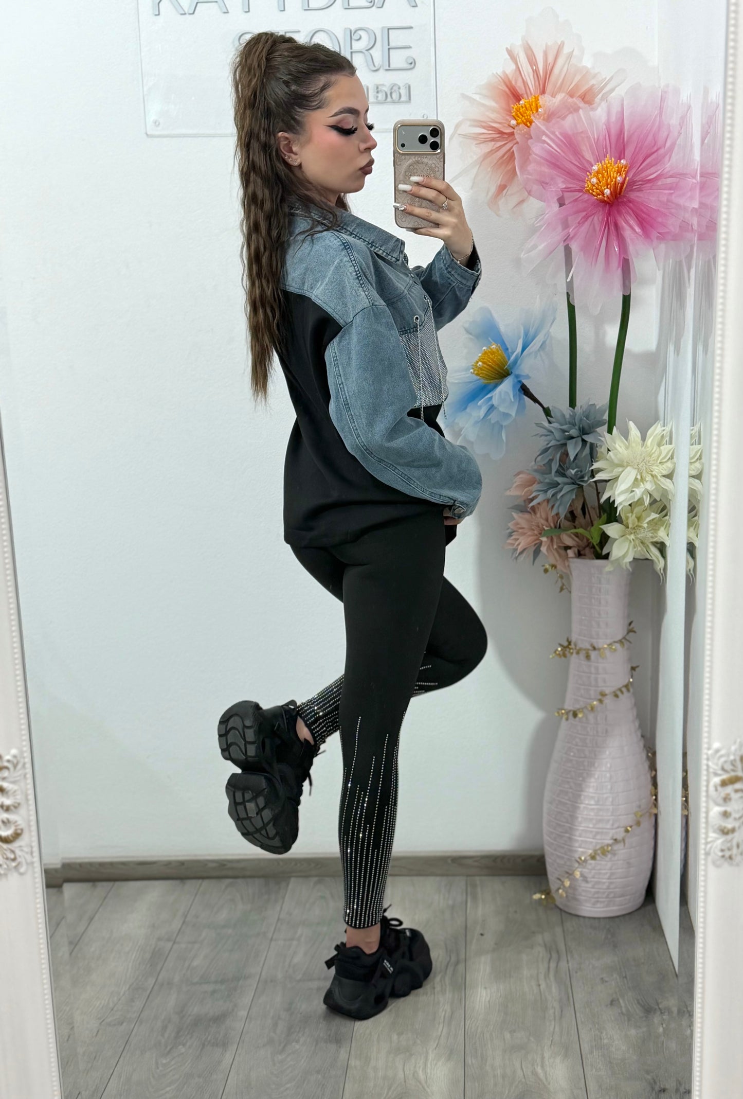 Camasa tip jacheta cu insertii denim si cristale