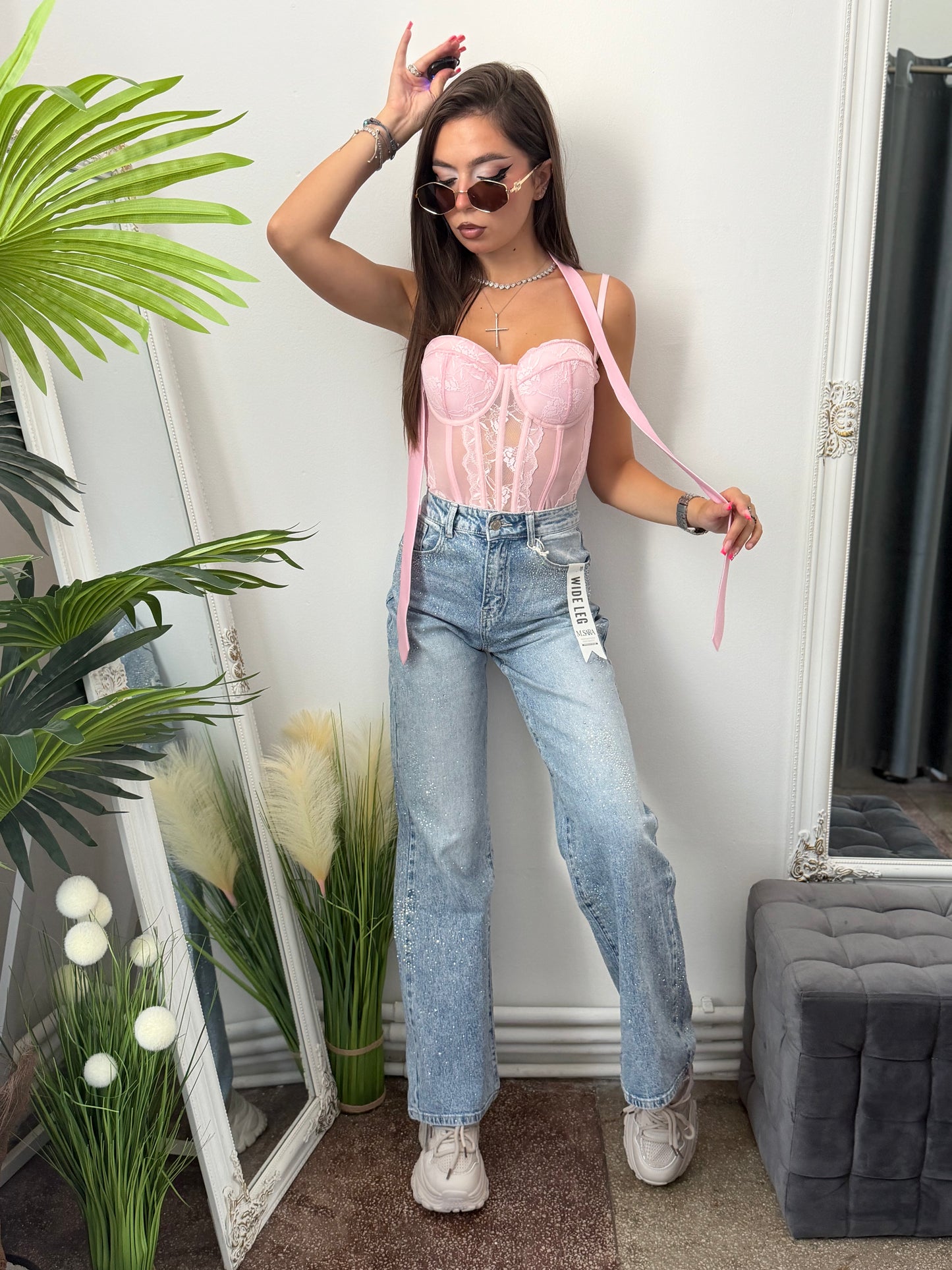 Jeans WideLeg blue cu cristale ștanțate CAMY