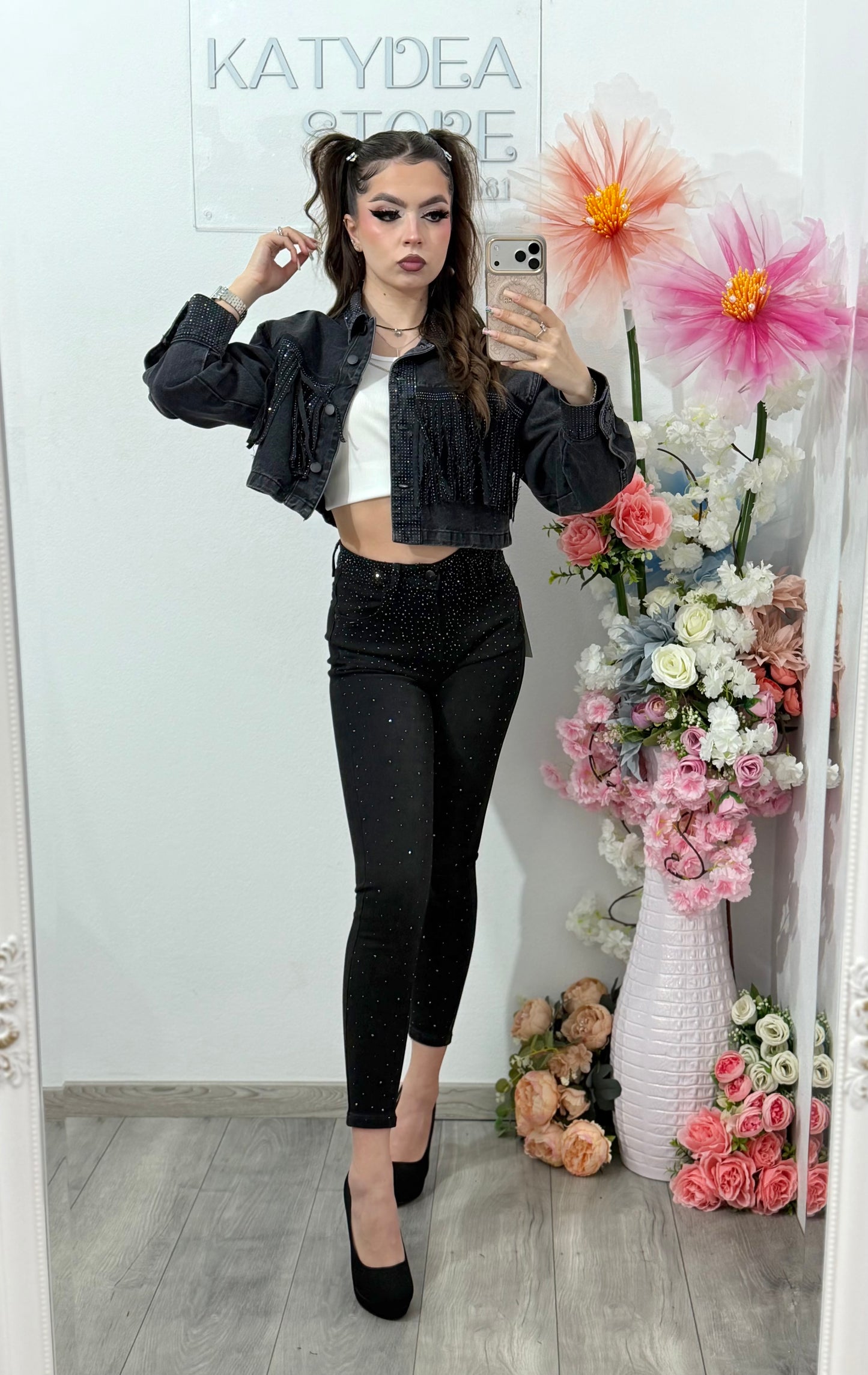 Jeans skinny negri cu cristale ROXANA