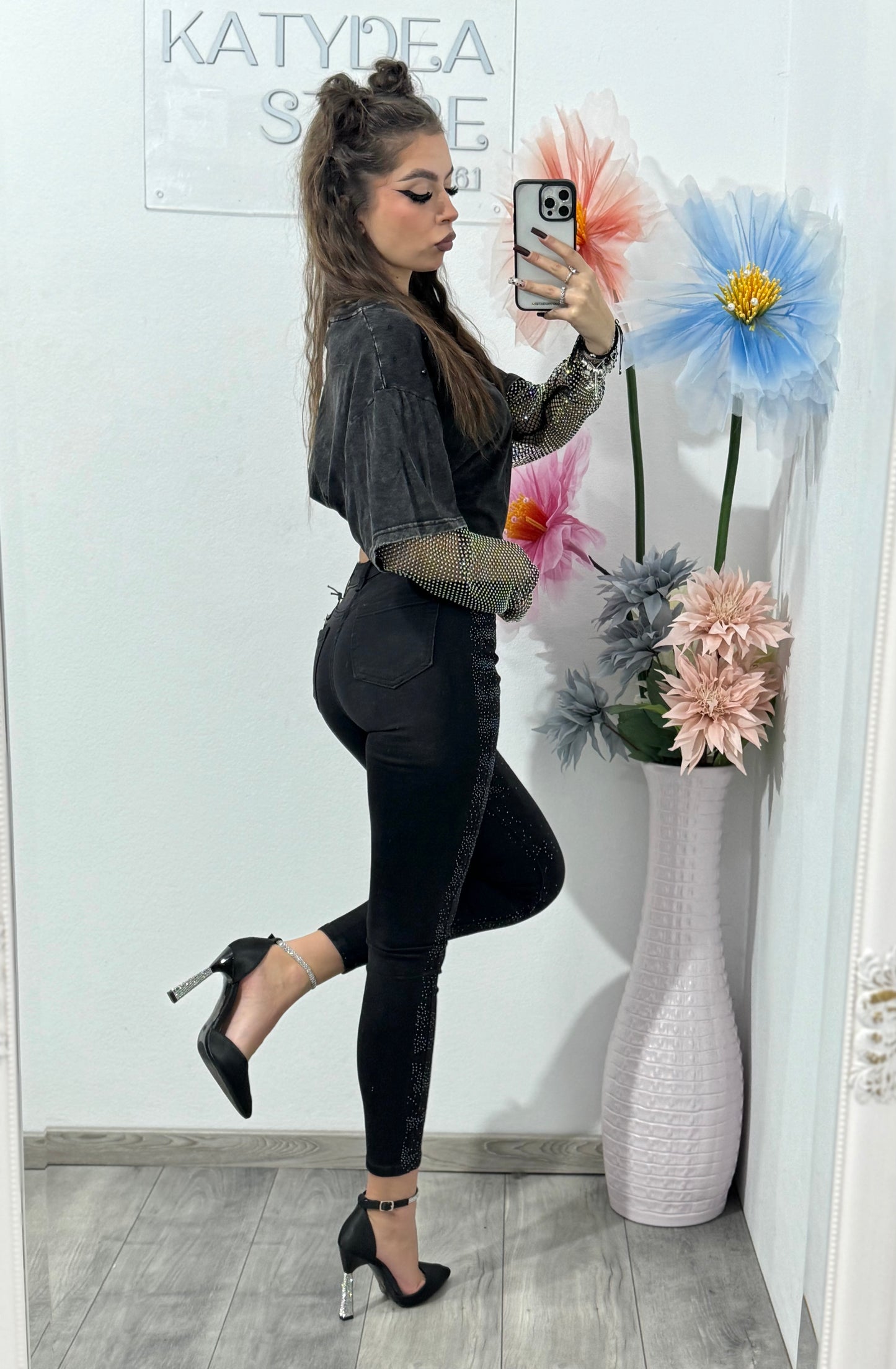 Jeans skinny negri cu cristale ștanțate DARIA