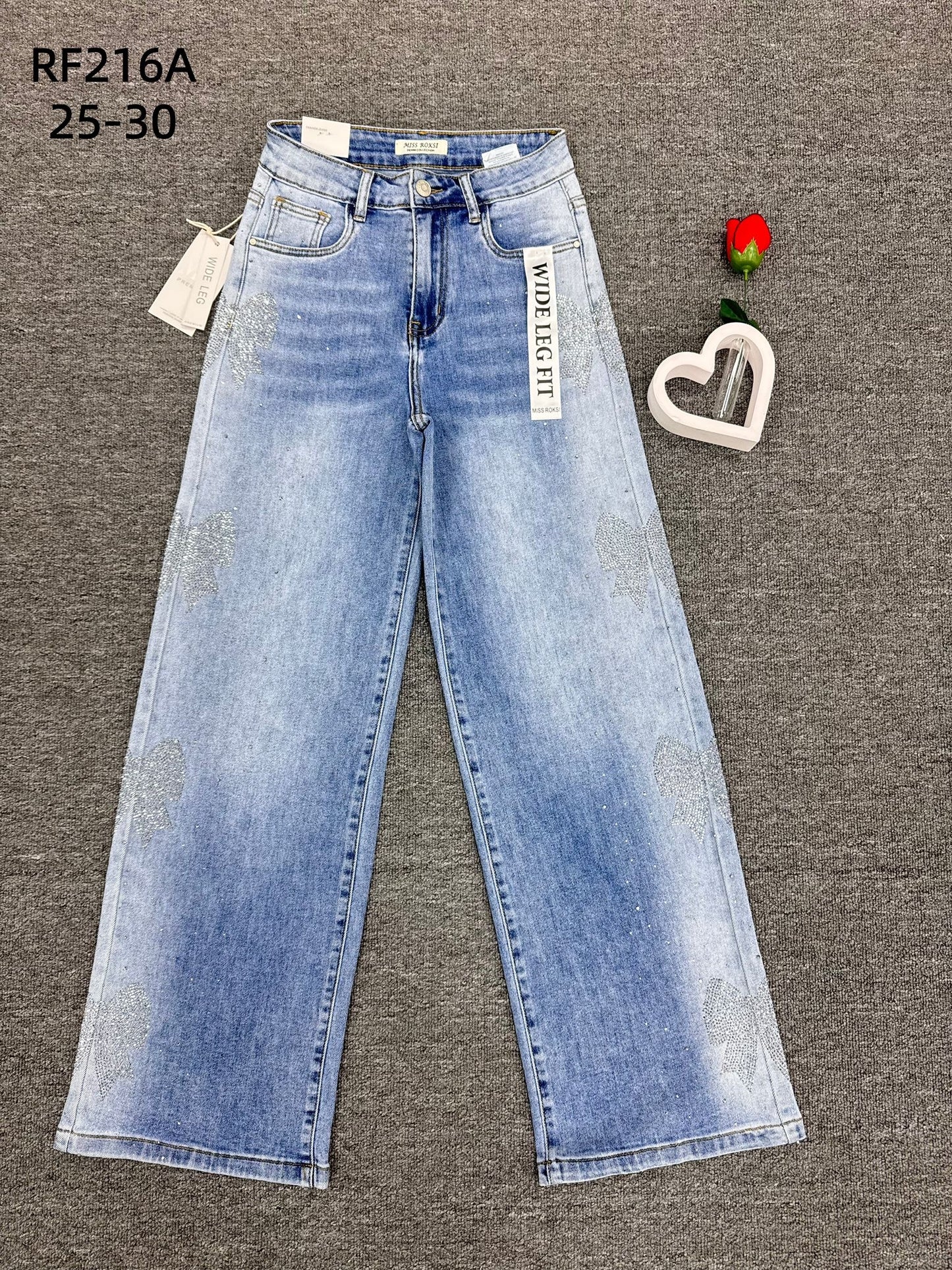 Blugi WideLeg albaștri cu fundițe ștanțate