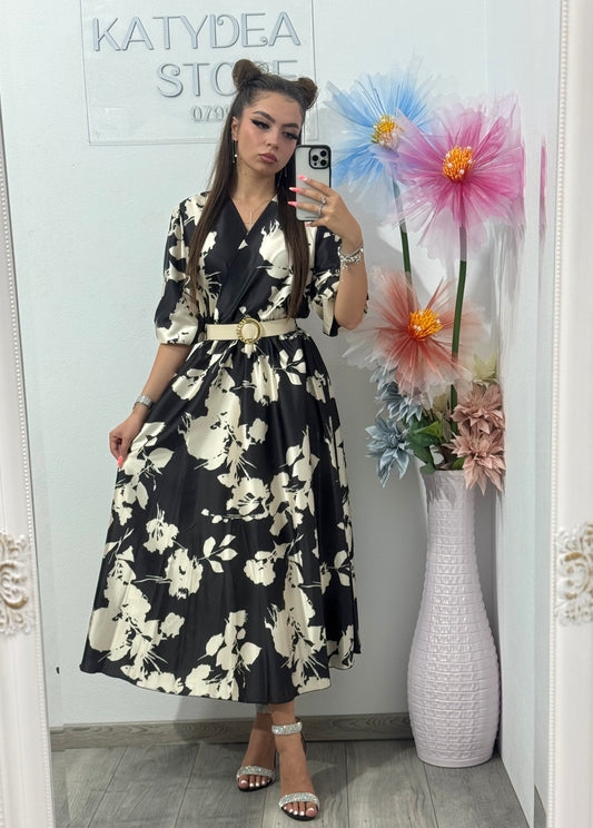 Rochie midi din satin cu imprimeu Mara