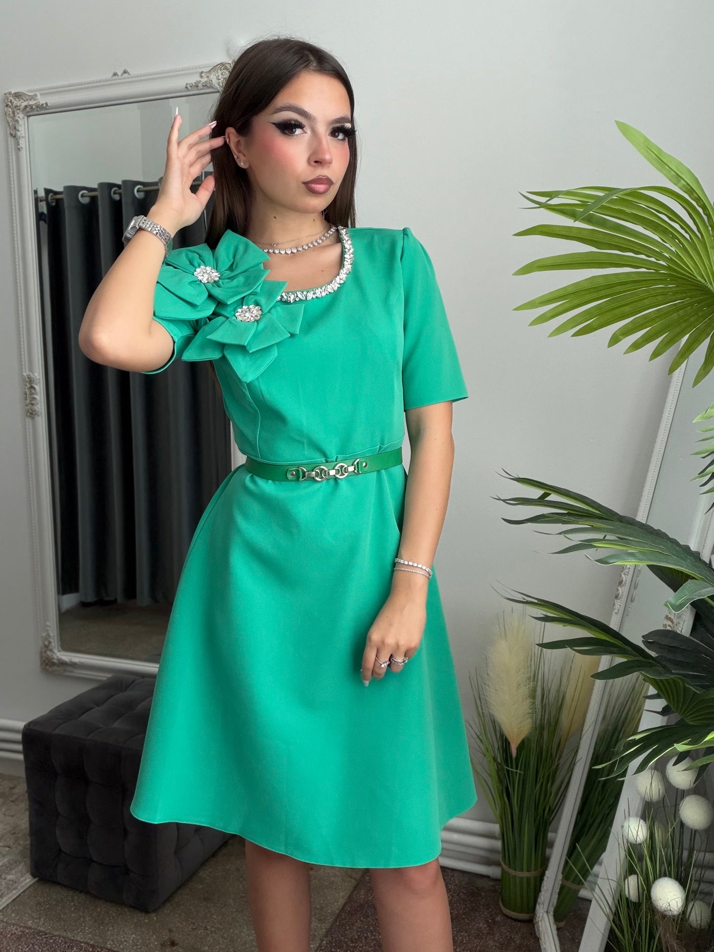 Rochie verde Flower cu aplicatii argintii