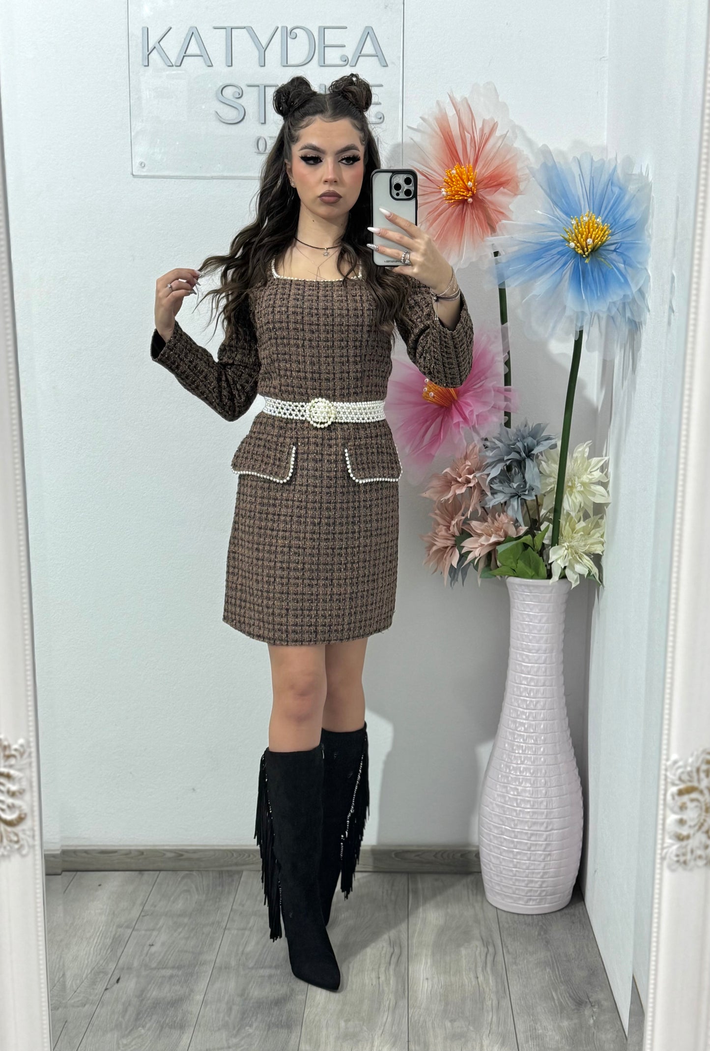 Rochie din tweed maro ELLA