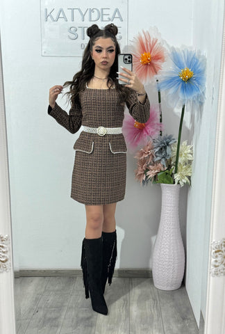 Rochie din tweed maro ELLA