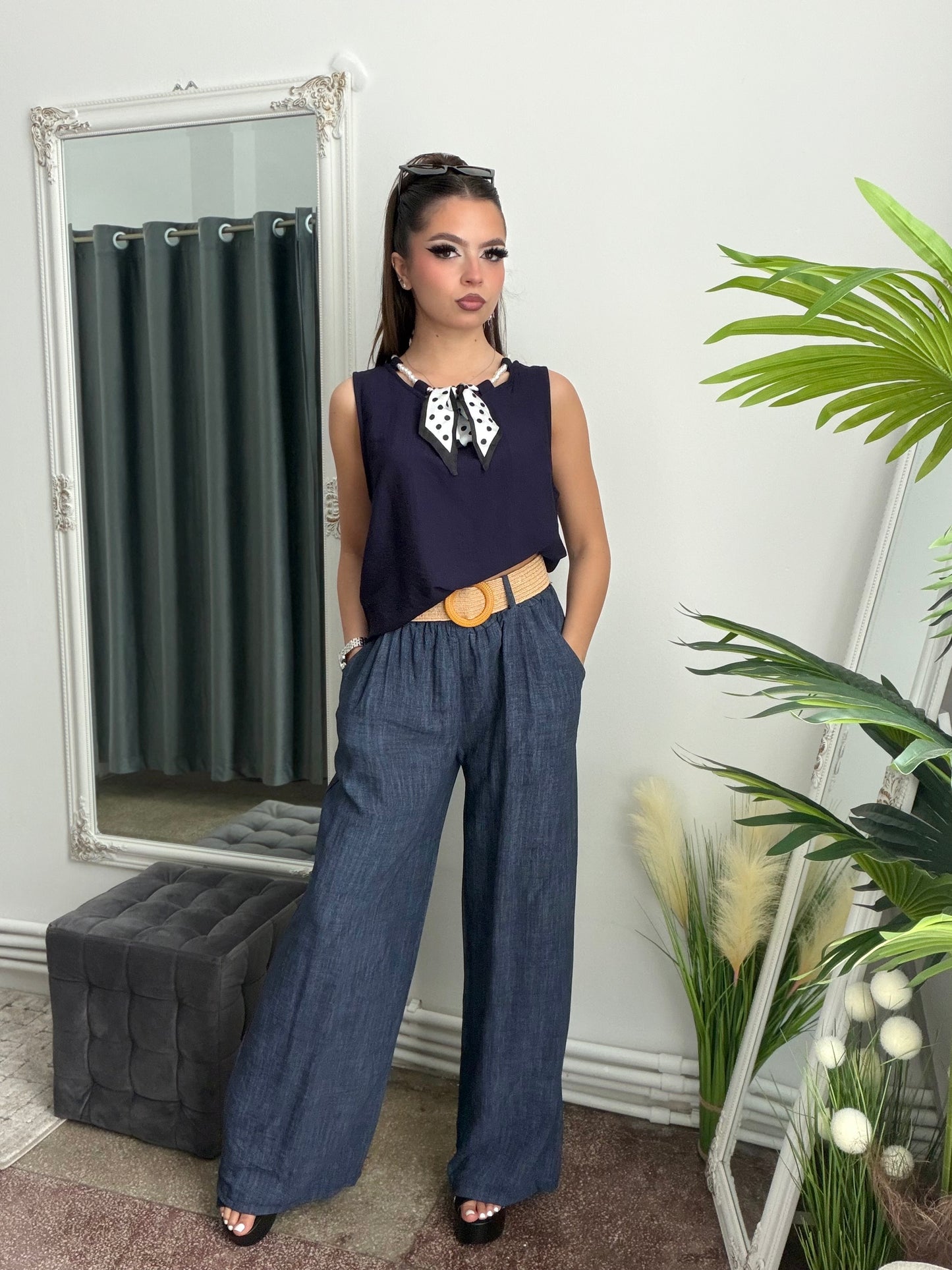 Pantaloni din in cu curea MARA