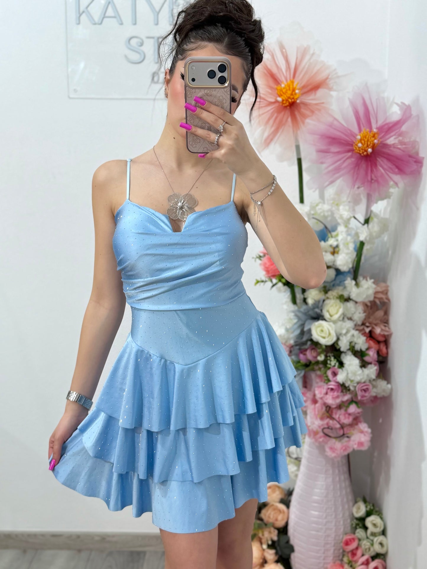 Rochie scurta babyblue cu cristale ștanțate ZONIA