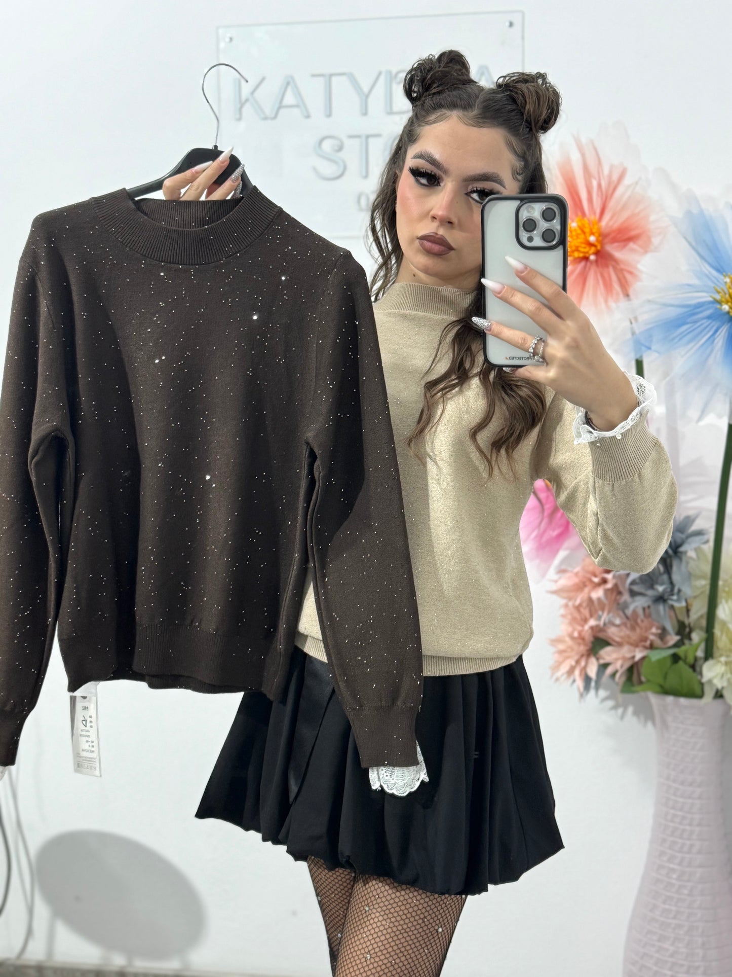 Bluza din tricot cu fir lucios și dantelă DORA
