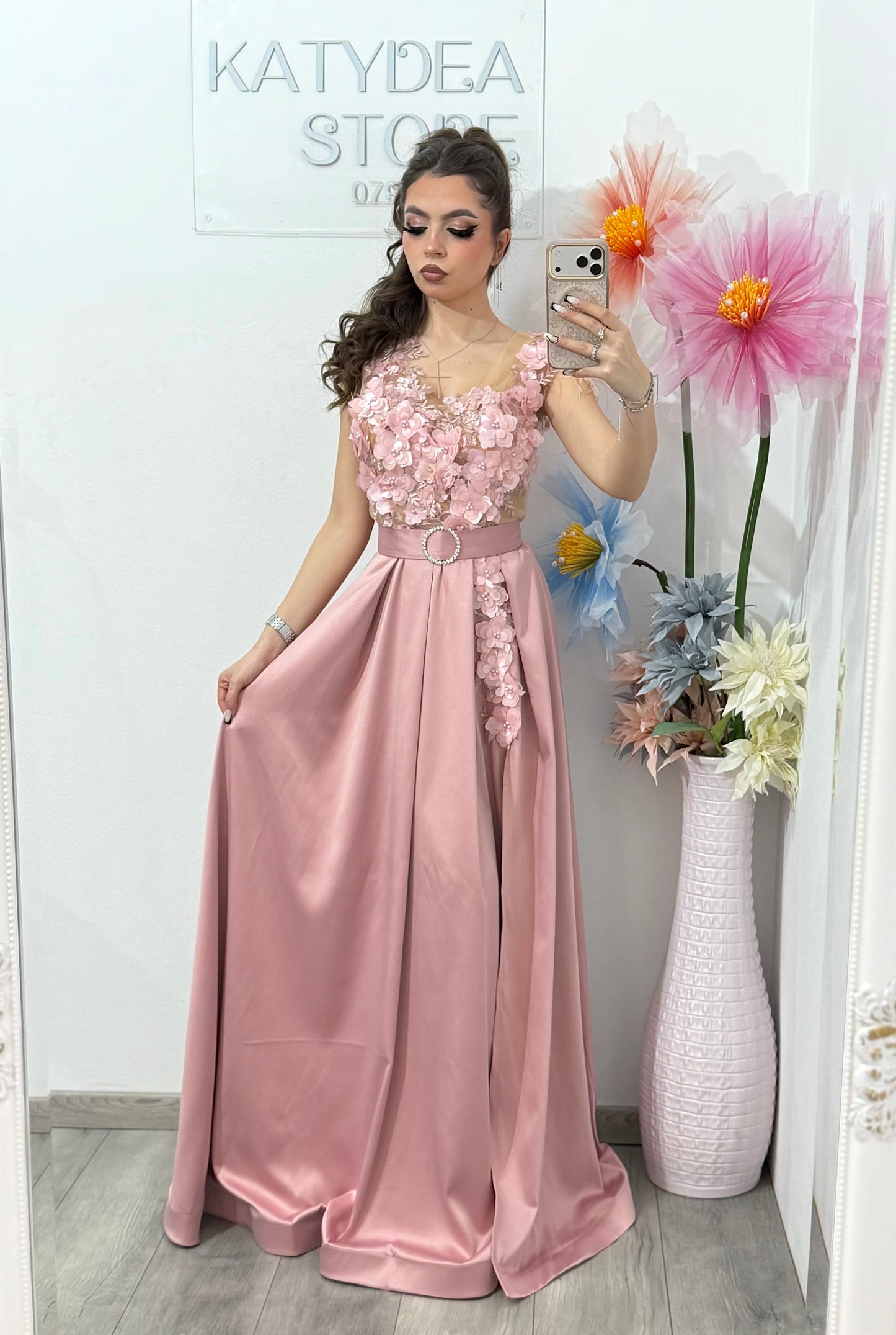Rochie lunga din tafta roz Gabrielle