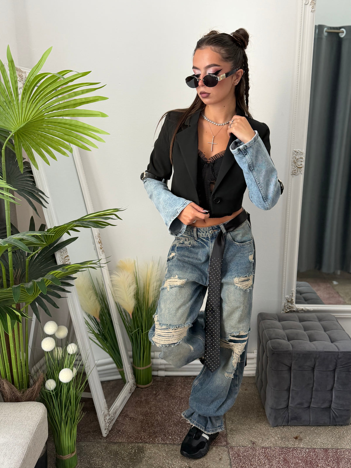 Sacou crop cu mânecă din denim