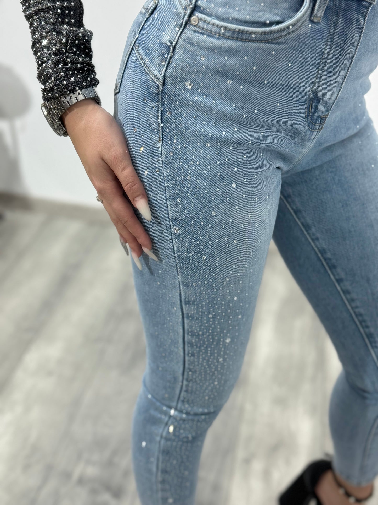 Jeans skinny albaștri cu cristale ANDREEA