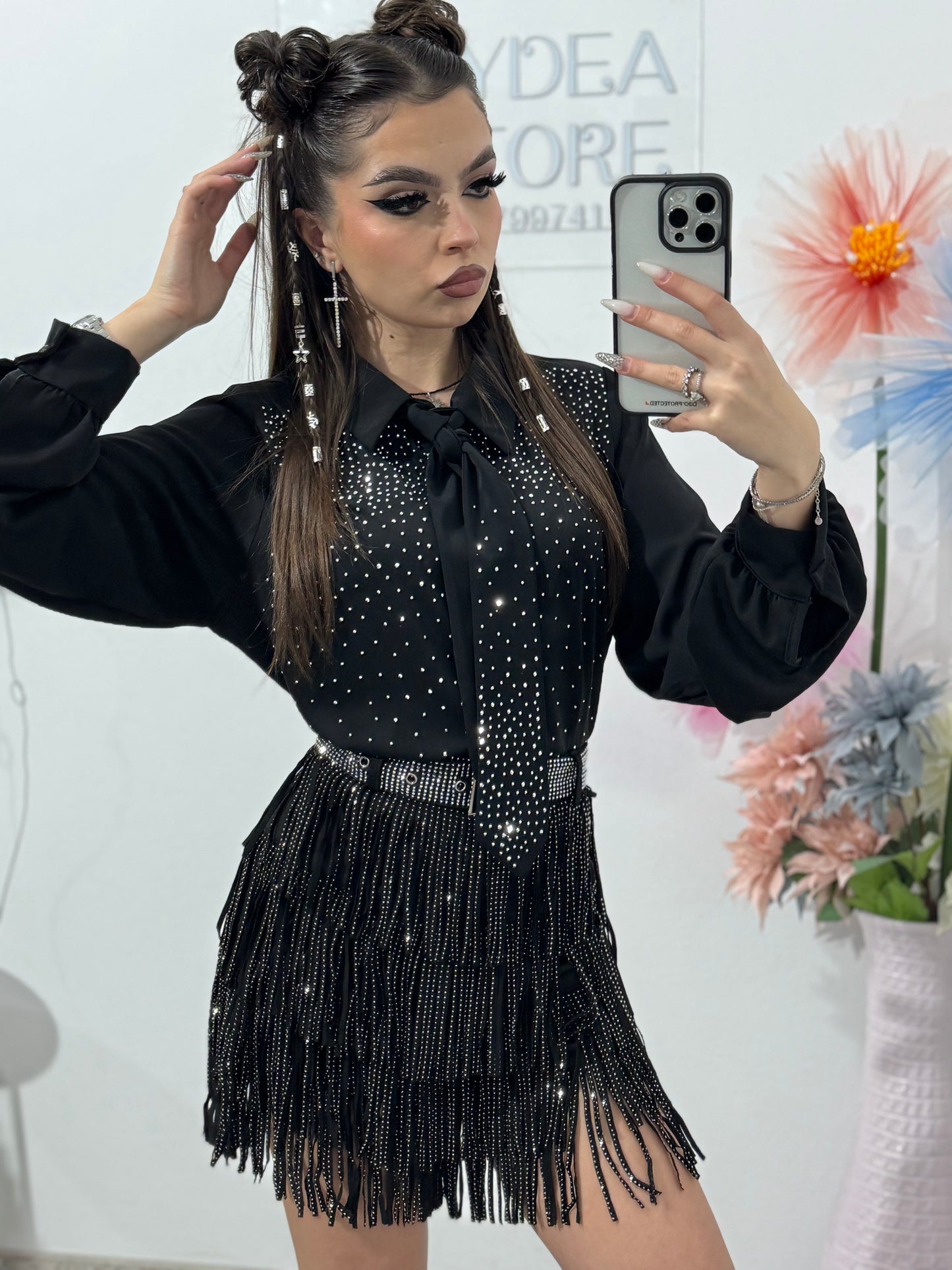 Fustă-pantalon din piele întoarsă și cristale ANDREEA