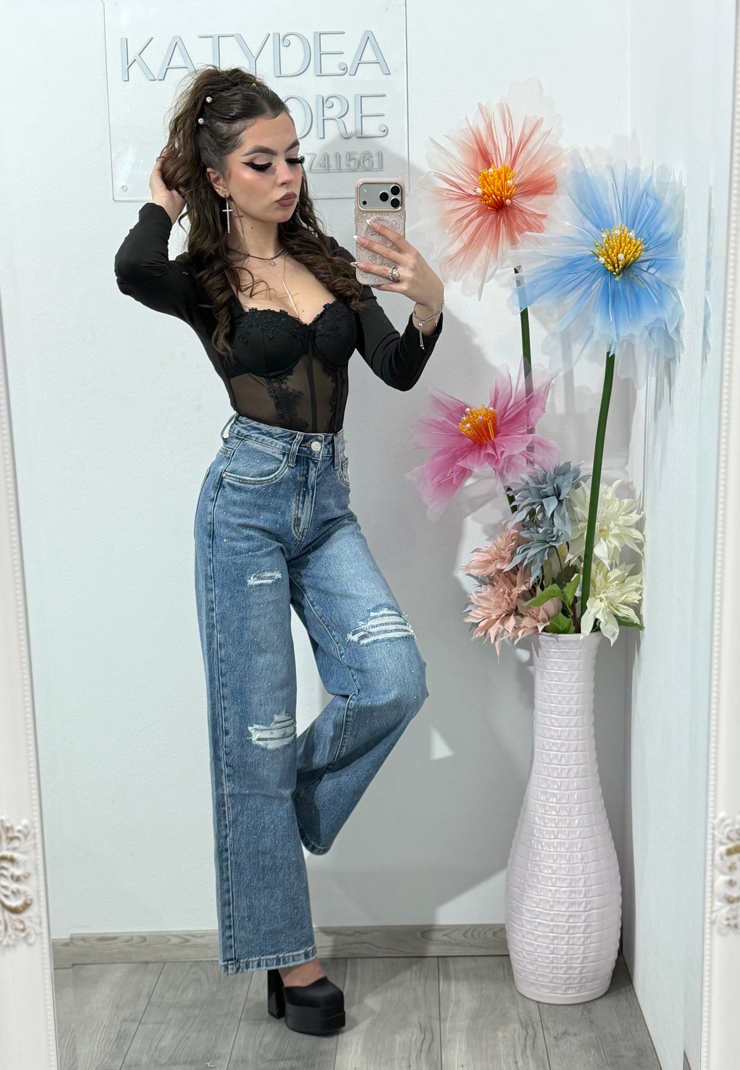 Jeans WideLeg cu cristale ștanțate ROSE
