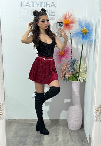 Fustă-pantalon plisată din paiete roșie DELIA