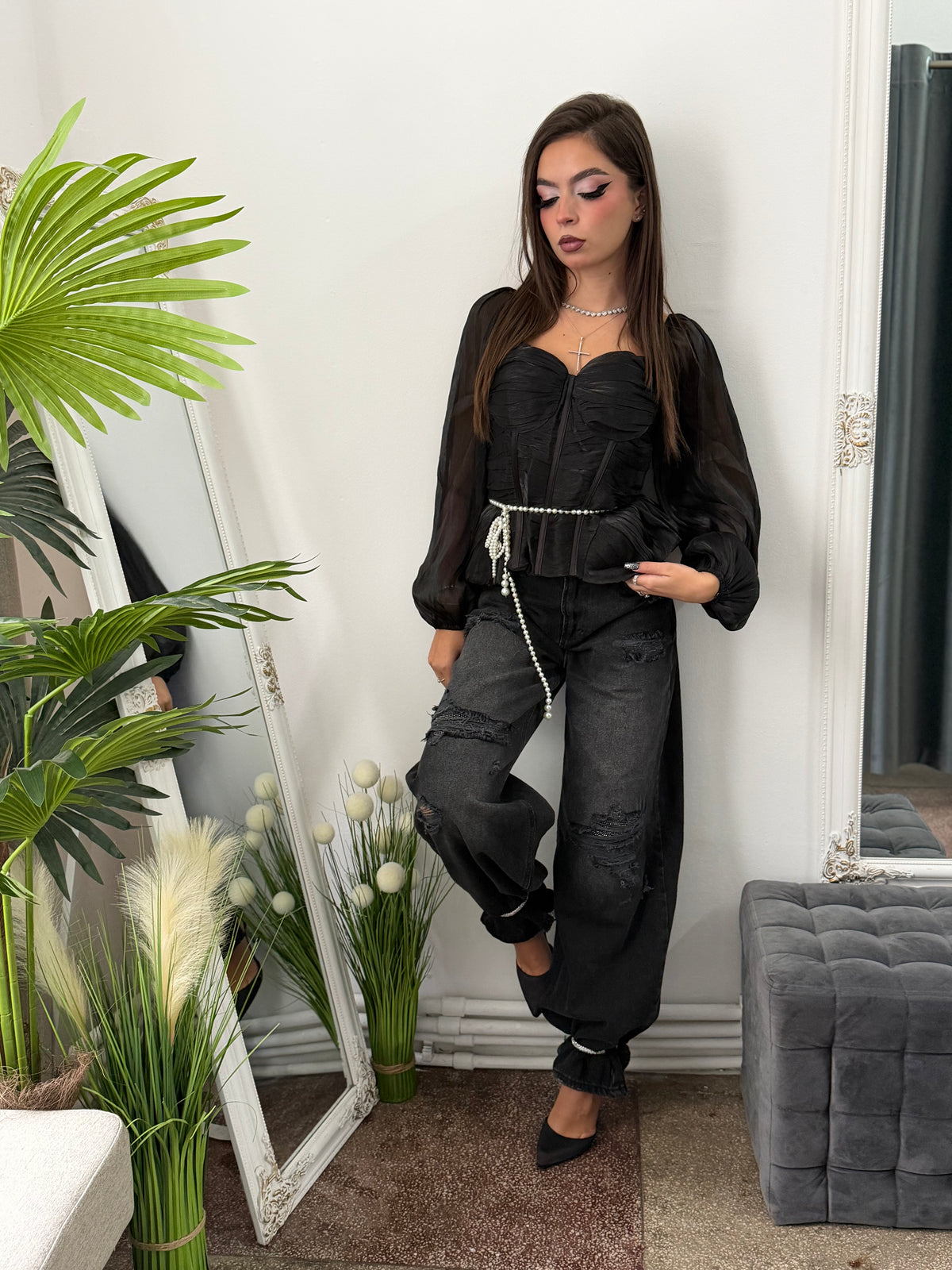 Top satinat negru