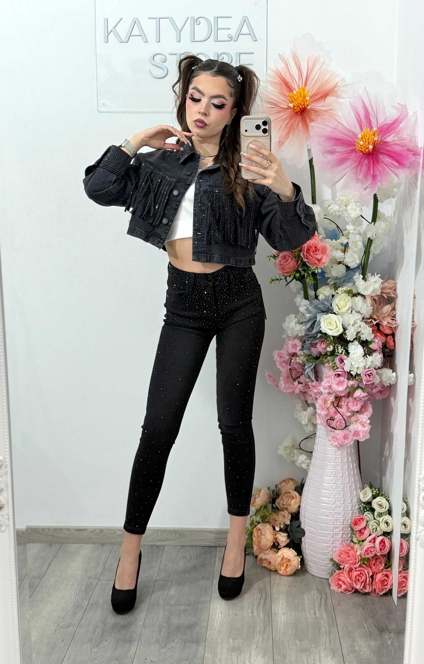 Jeans skinny negri cu cristale ROXANA
