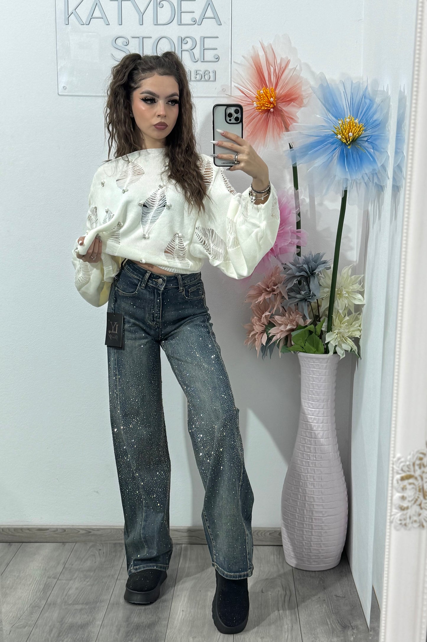 Jeans WIDELEG full cristale ștanțate HELLENA