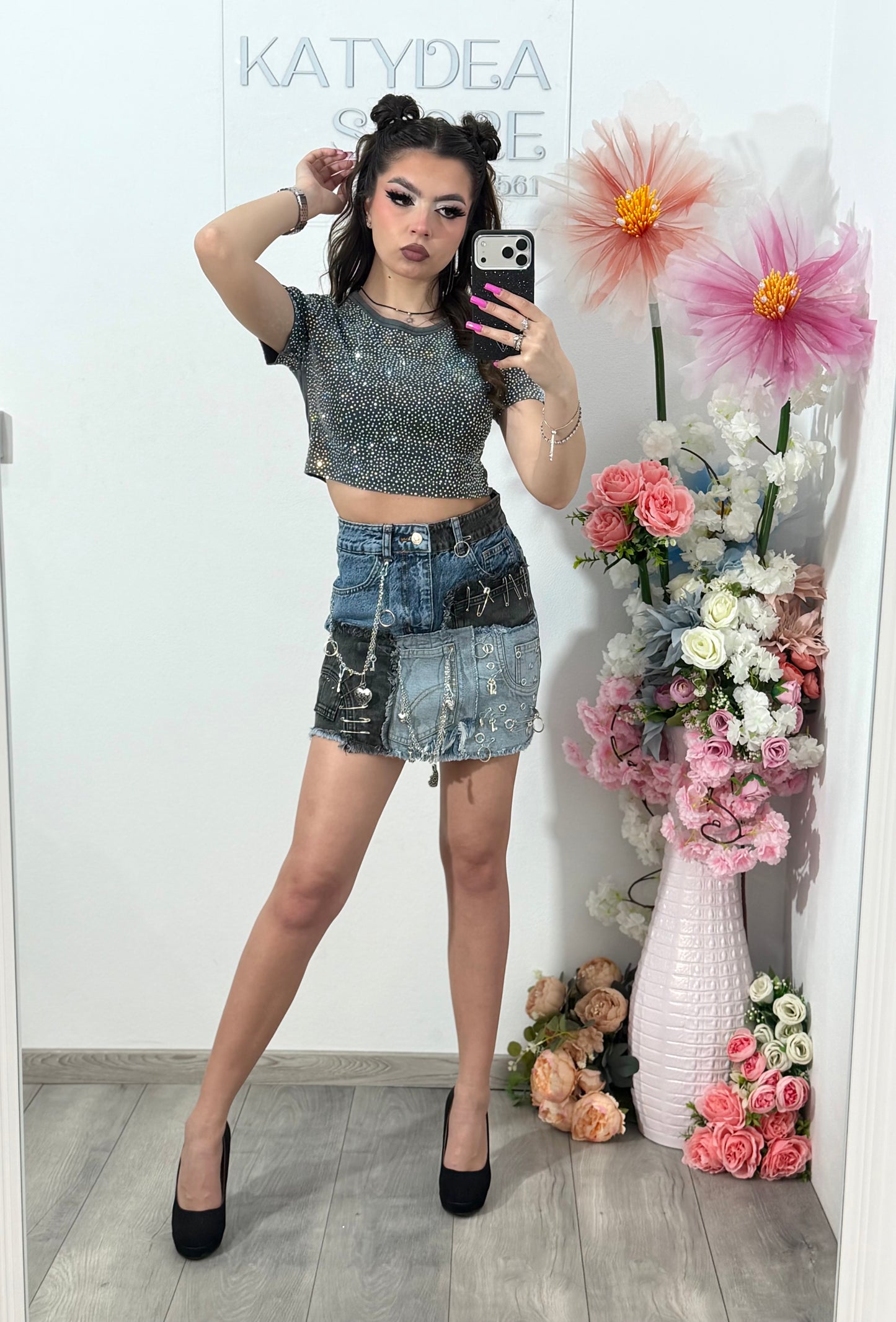 Fustă din denim patchwork ALIS