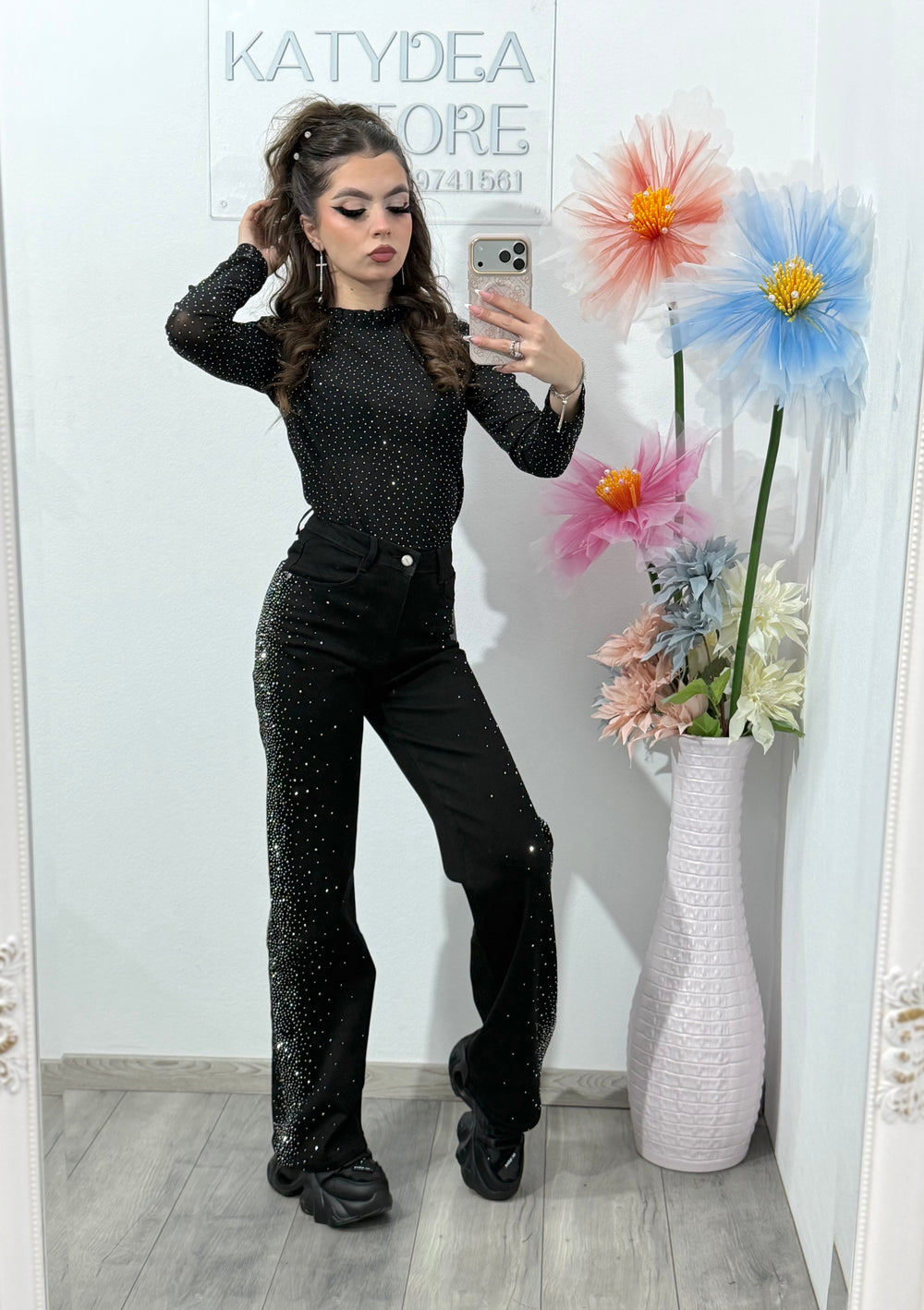 Jeans WideLeg negri cu cristale ștanțate ZYA