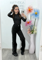 Jeans WideLeg negri cu cristale ștanțate ZYA