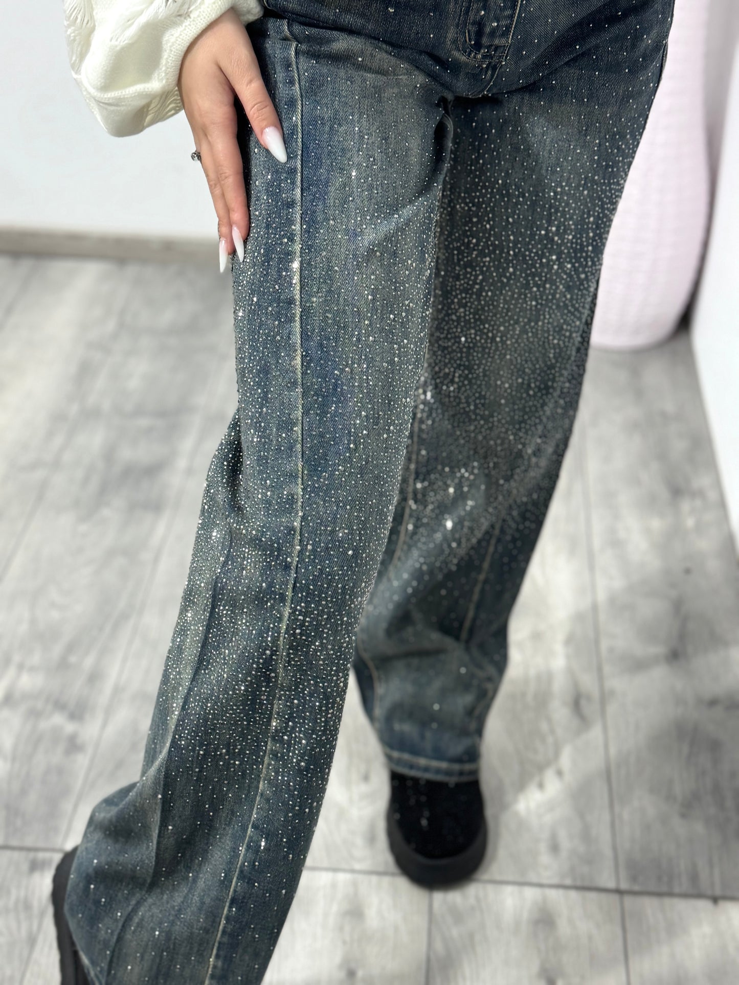 Jeans WIDELEG full cristale ștanțate HELLENA
