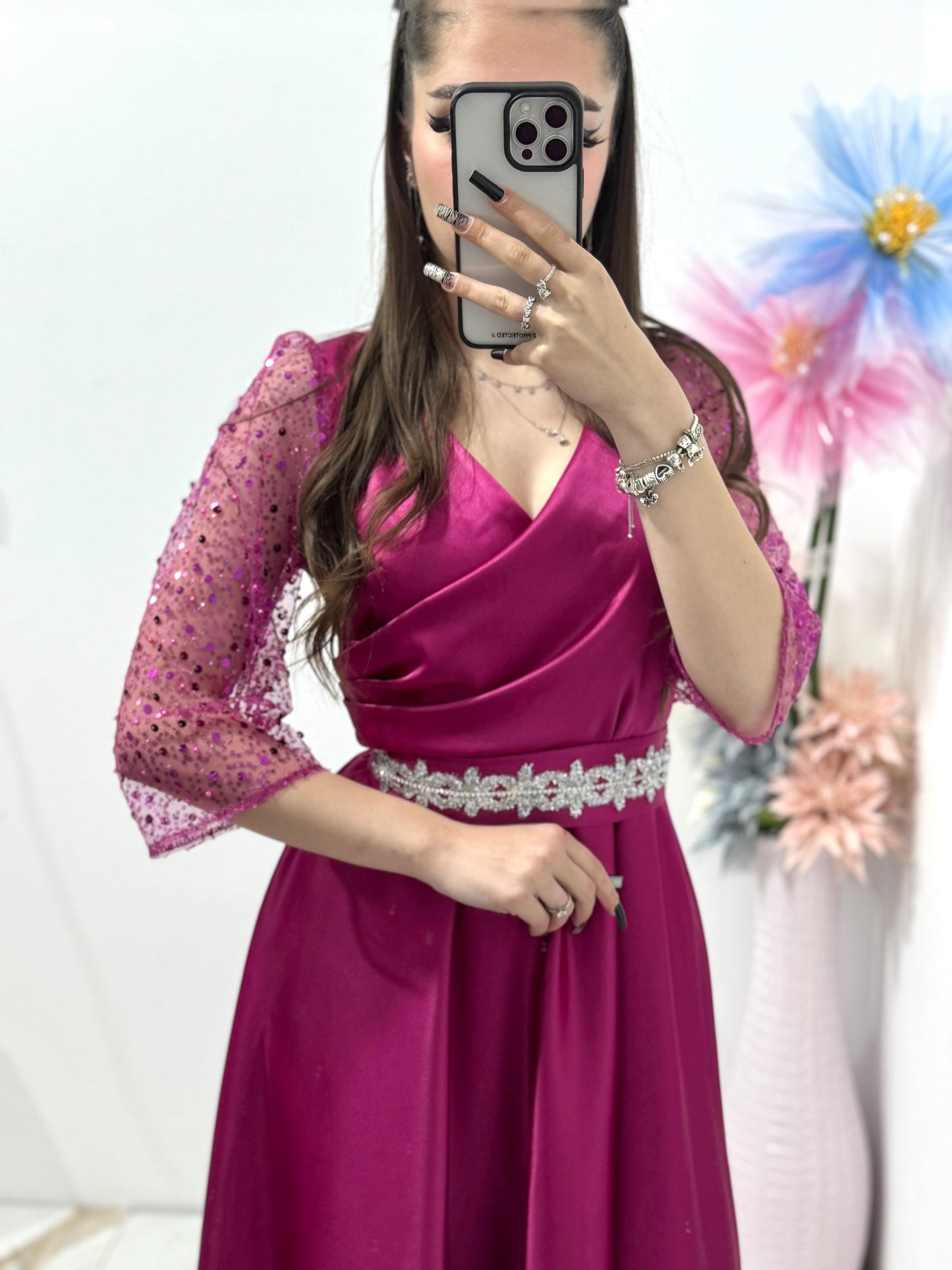 Rochie lungă Adria din tafta fucsia