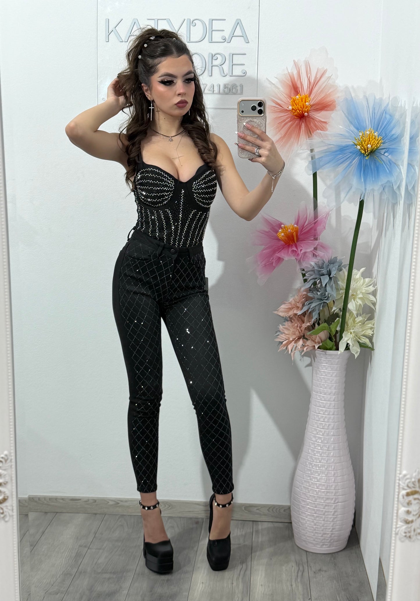 Jeans skinny negri cu cristale ștanțate DANY