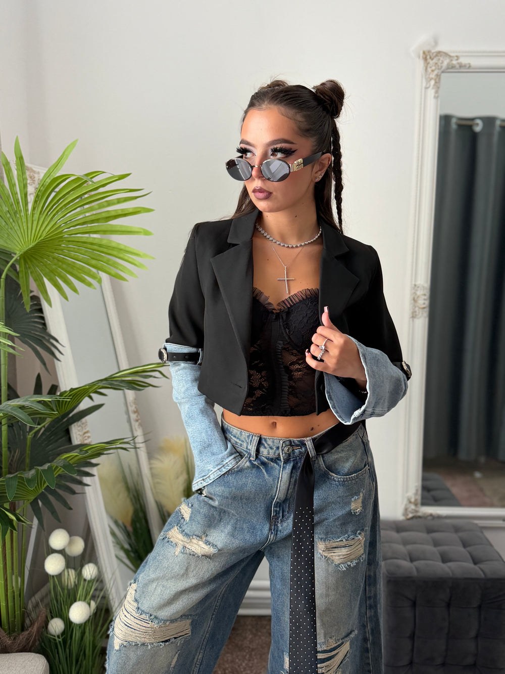 Sacou crop cu mânecă din denim