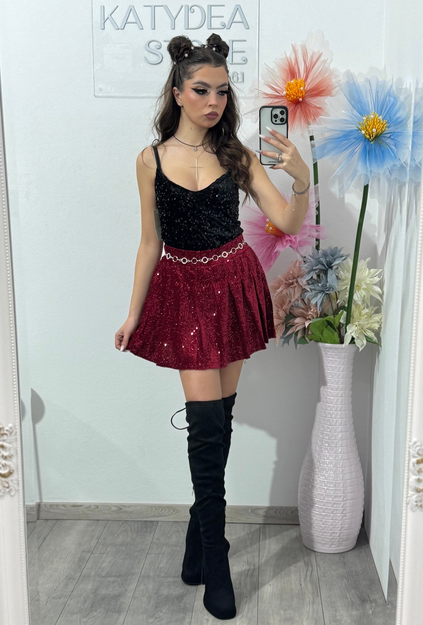 Fustă-pantalon plisată din paiete roșie DELIA