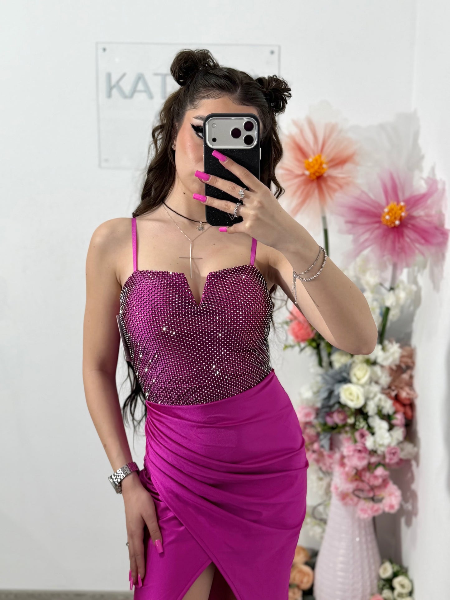 Rochie midi cu cristale fucsia DELIA