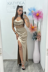 Rochie elegantă cu cristale ștanțate crem Alice