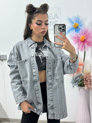 Geacă din denim gri cu cristale Bianca