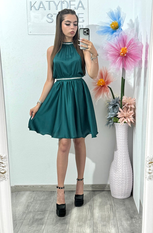 Rochie din satin verde negru Anastasia