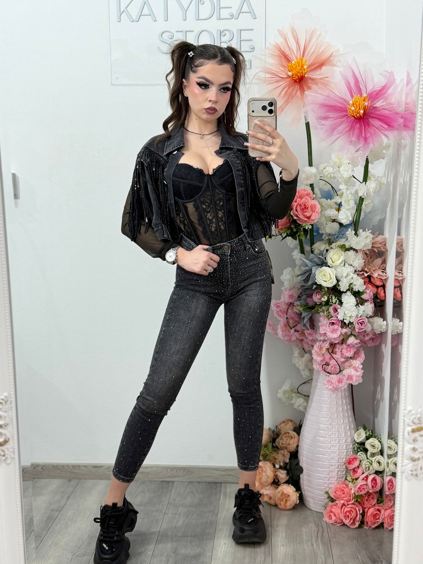 Jeans skinny gri cu cristale Clara