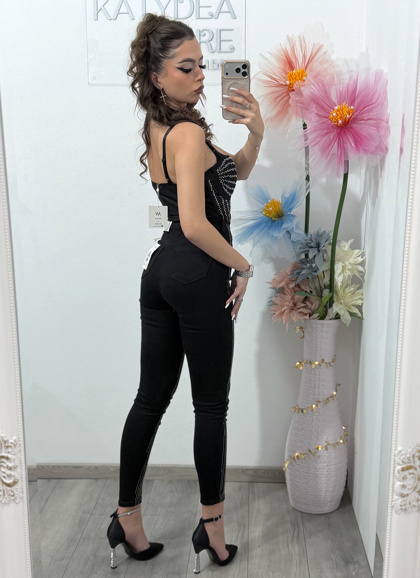 Jeans skinny negri cu cristale argintii BELLA