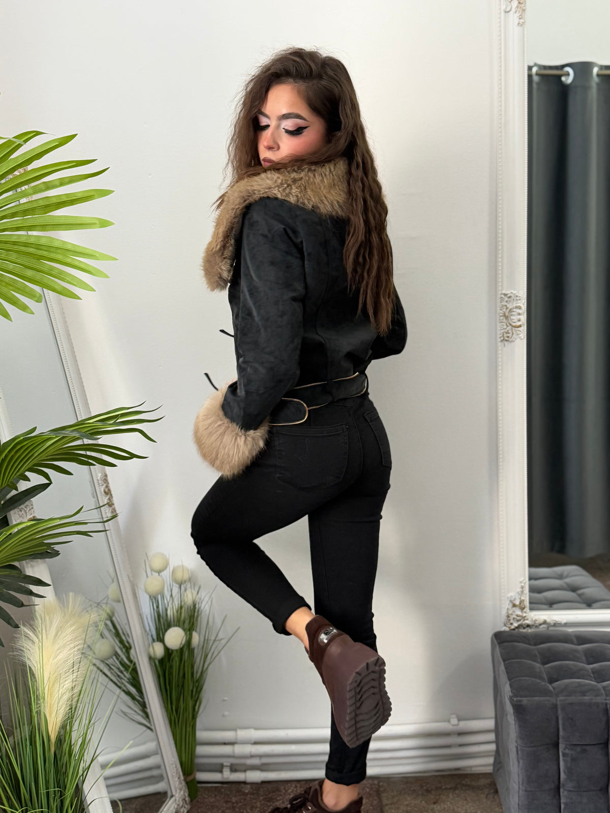 Geacă din imitație de piele și blană BLACK