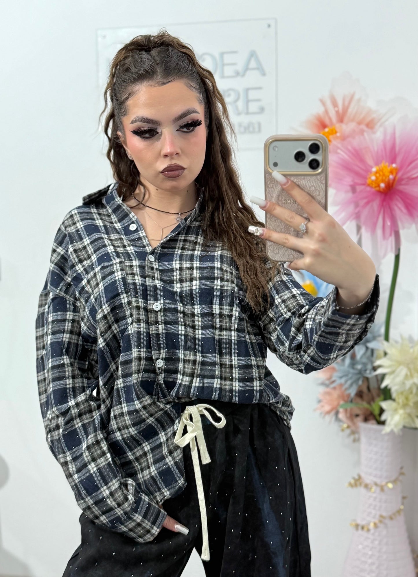 Cămașă în carouri cu cristale ștanțate XONIA