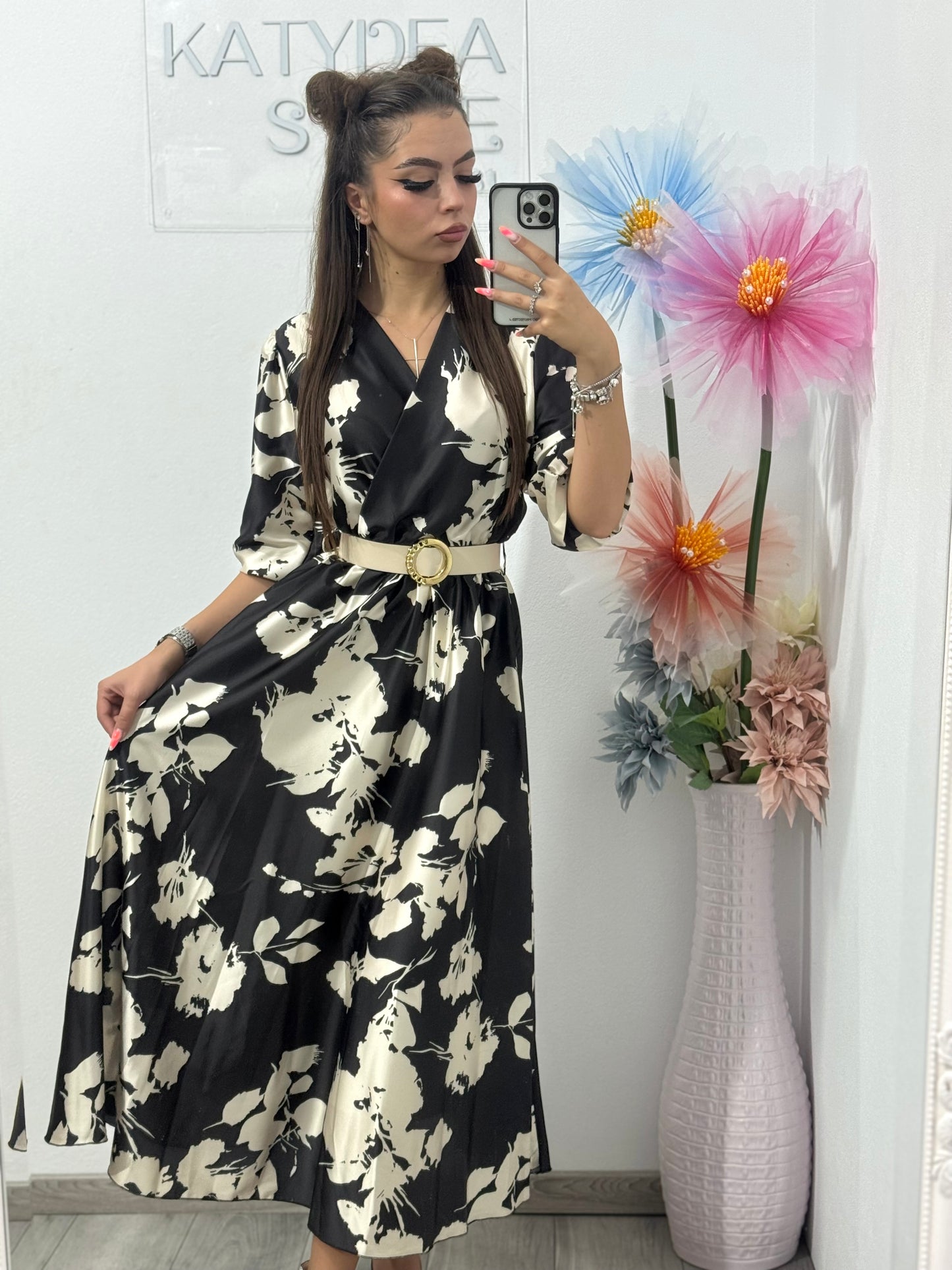 Rochie midi din satin cu imprimeu Mara
